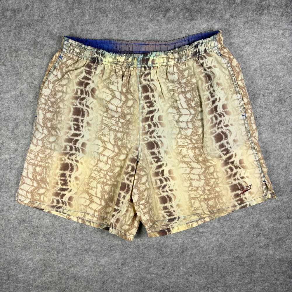 Vintage 90s Speedo Swim Trunks Abstract Snakeskin Print Tan Brown Blue Mesh L‎